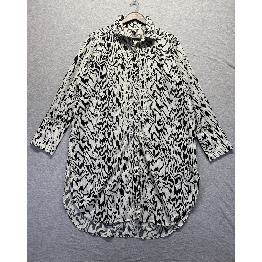 H&M Shirt Dress Womens Medium Black White Abstract Print Curved Hem Button Front